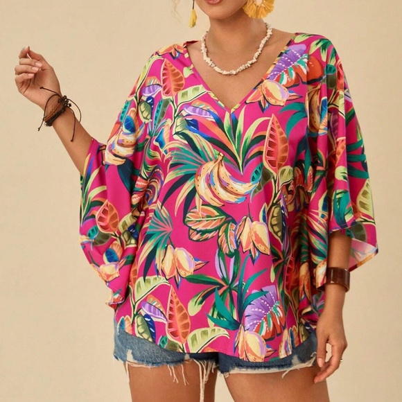 Plus Tropical Leaves Print V neck Butterfly Sleeve Blouse - Picture 2 of 4
